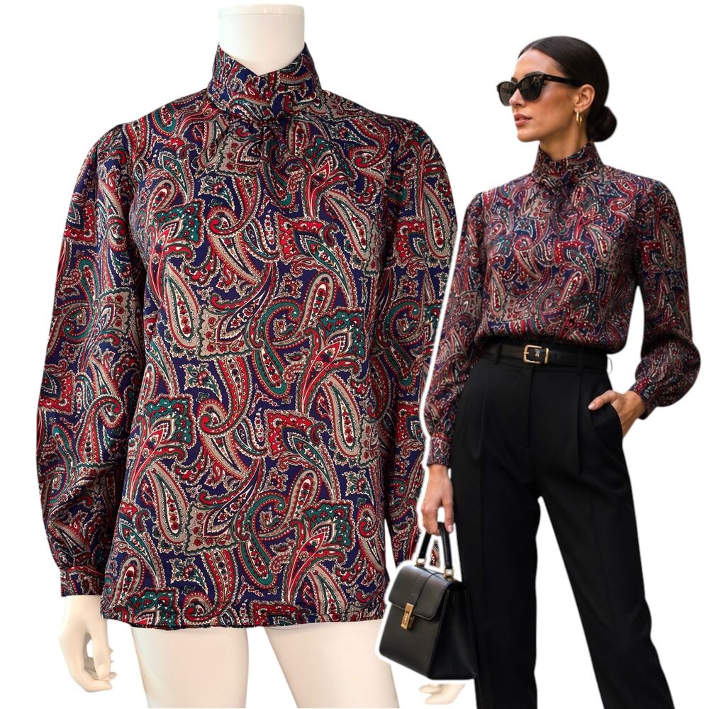Vtg 80s Laura Mae Paisley Blouse Size Large High Neck Disco Glam Dark Academia